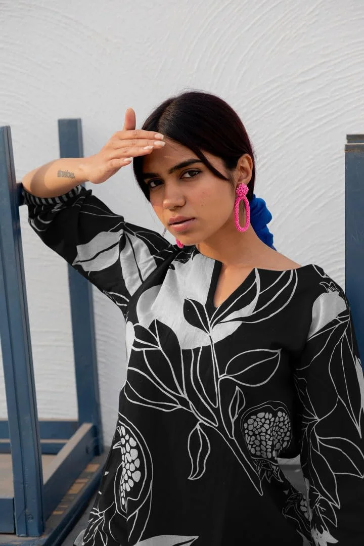 GoSriKi  GoSriKi Women's Cotton Blend Straight Printed Kurta with Pant (ANAAR-BLACK-NW-GS_S_Black_Small) for Women | Best Price UAE